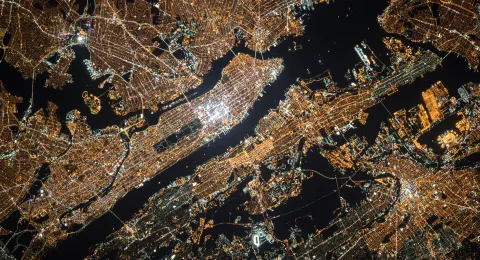 Aerial view city lights Manhattan