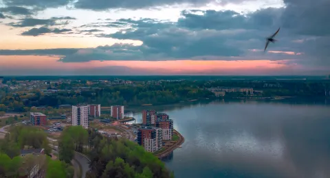 Lappeenranta aerial view at sunset and lake Saimaa.