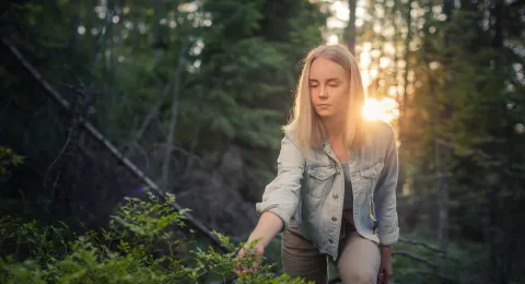 LUT University student walking in the woods at sunset