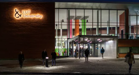 LUT University Lappeenranta campus logo at night