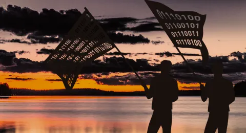 Kuvituskuva: Järvimaisema, jossa binäärinumerosarjaliput heiluvat digivallankumouksen merkiksi