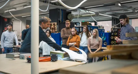 A group of students in the Jamie Hyneman prototype lab