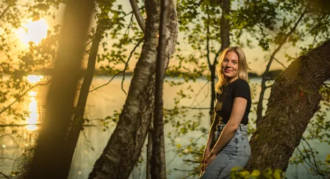 Henkilö nojaa puuhun metsässä auringonlaskun aikaan.