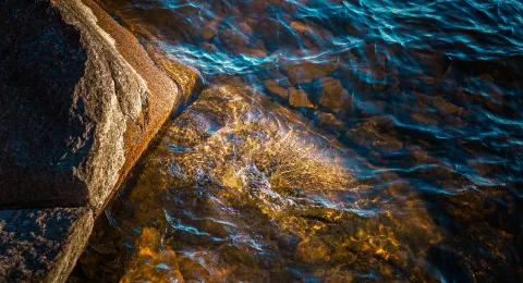 Vesi virtaa kirkaspohjaisessa järvessä.