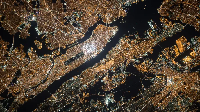 Aerial view city lights Manhattan
