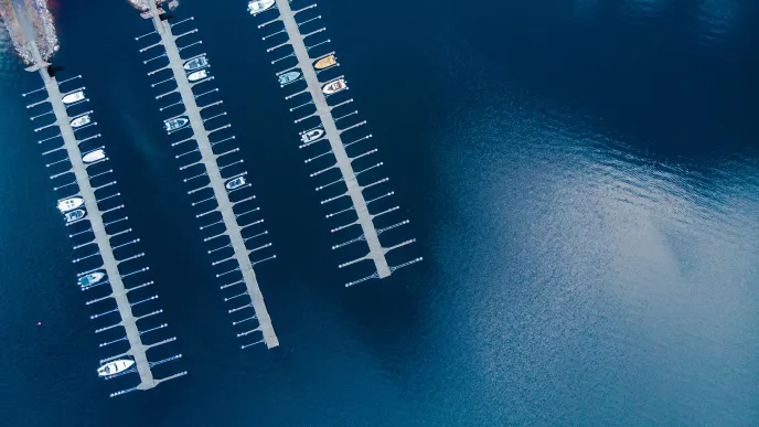 Boats in dock at LUT University campus at lake Saimaa