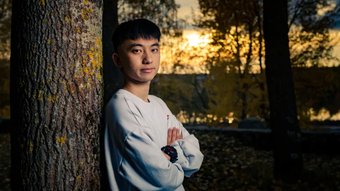 LUT University student leaning to a tree in a sunset