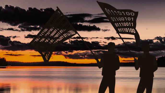 Kuvituskuva: Järvimaisema, jossa binäärinumerosarjaliput heiluvat digivallankumouksen merkiksi