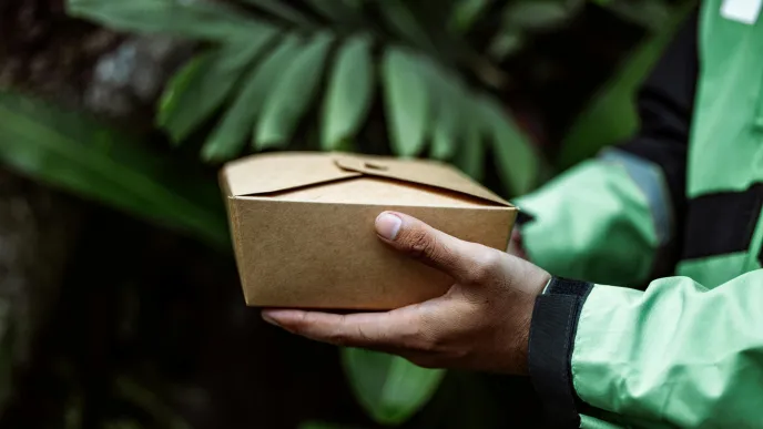 a cardboard food package on human&#039;s hand