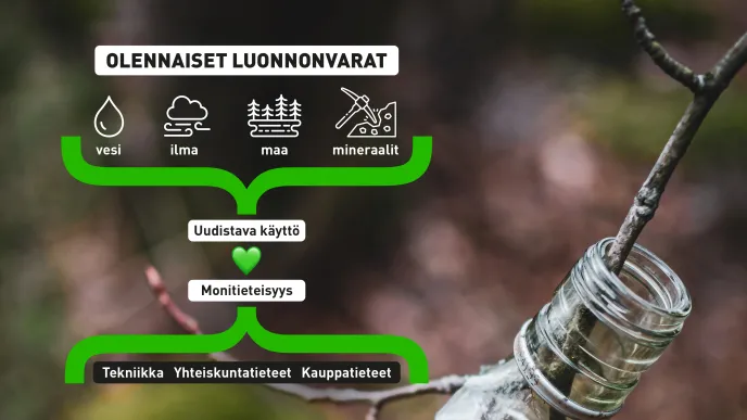 Olennaisiin luonnonvaroihin lukeutuvat vesi, ilma, maa ja mineraalit. Luonnonvarojen uudistavaa käyttöä tutkitaan LUTissa monitieteisesti kaikilla tieteenaloilla: tekniikan alalla, kauppatieteissä ja yhteiskuntatieteissä.