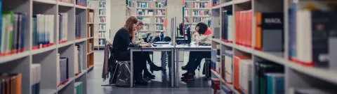 Opiskelijoita opiskelemassa kirjastossa.