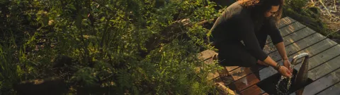 Henkilö pesee käsiä pulppuavan veden alla.