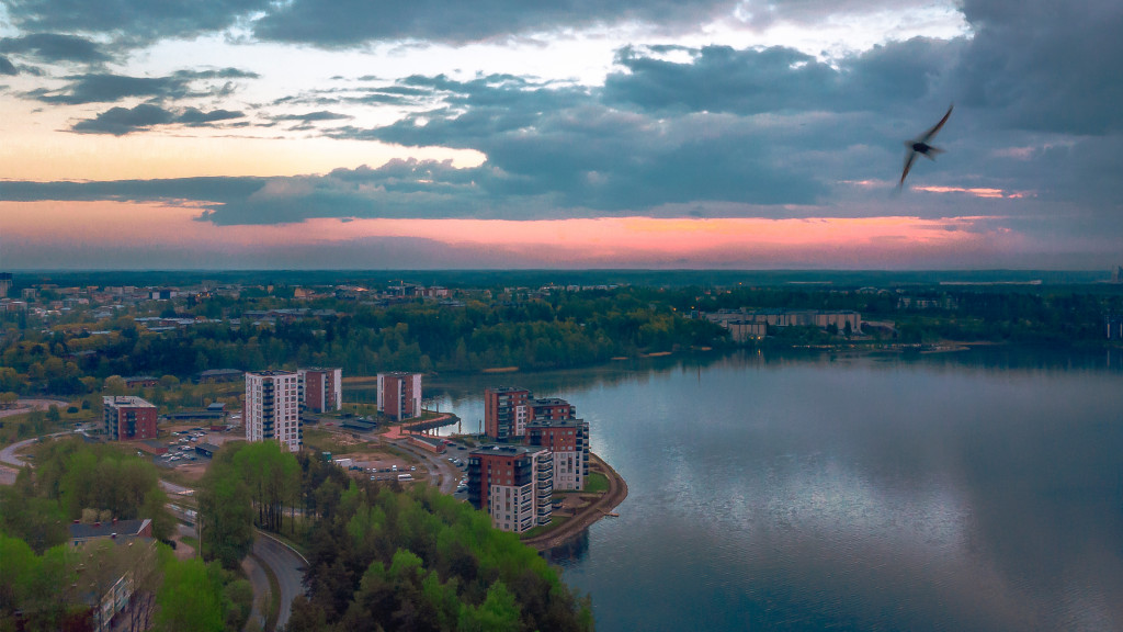 Lappeenranta aerial view at sunset and lake Saimaa.