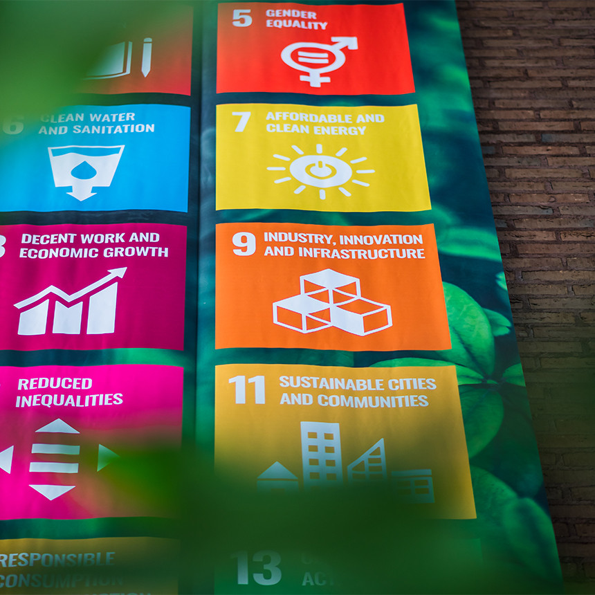 Sustainable development goals banner on a brick wall