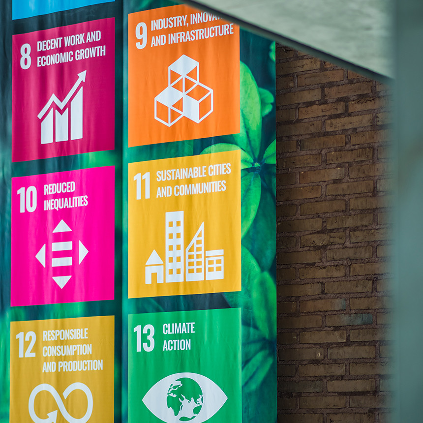 Sustainable development goals banner on a brick wall