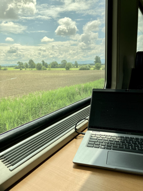 Landscape, train, window, view, laptop
