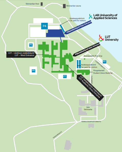 Saapumisohje ja pysäköintikartta, Lappeenrannan kampus 