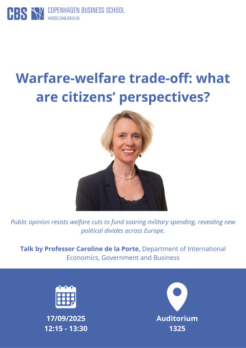 Picture of a visiting professor Caroline de la Porte and events date and time on 17th September at 12.15 pm.